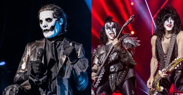 O vocalista do Ghost, Tobias Forge, e os frontmen do Kiss, Gene Simmons e Paul Stanley, durante shows em São Paulo, 2023